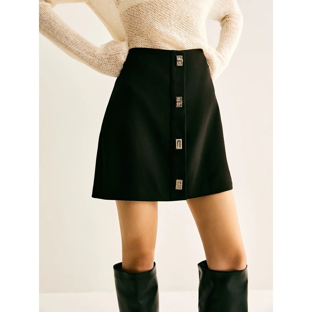 COMMENSE Black Metal Decor Zipper A Line Mini Skirt Gold Hardware Size S